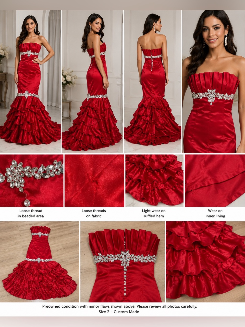 Custom Red Crystal Mermaid Gown Size 2 Couture Pageant Prom Dress